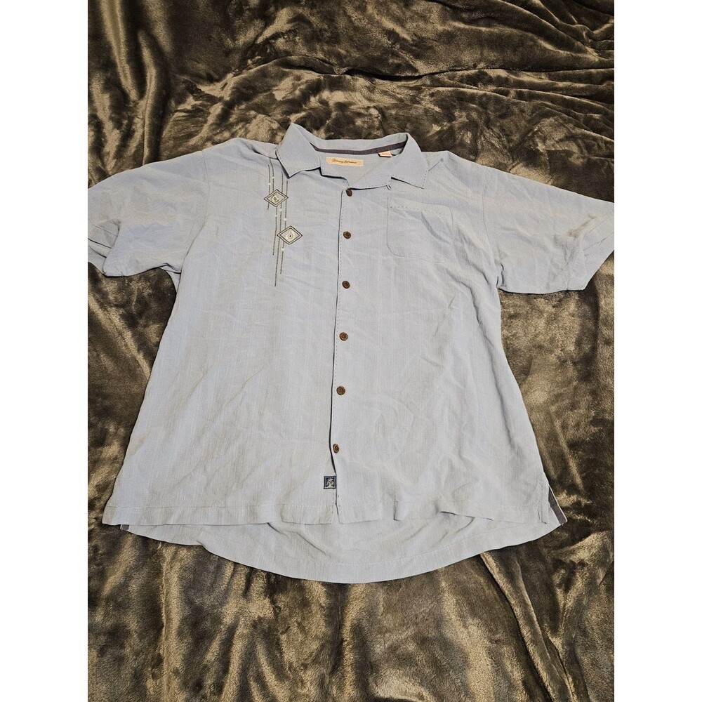 Tommy Bahama Men's XL Blue Silk SS Button-Up Shirt Spread Collar Embroidered